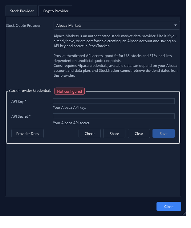 Quote provider settings window