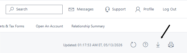 Schwab Positions page toolbar with an arrow pointing to the Export button