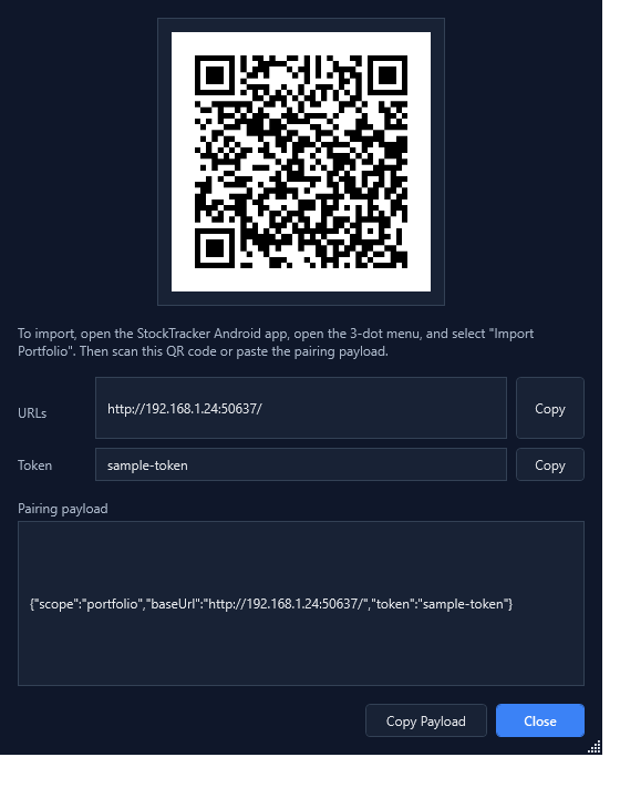 Desktop share portfolio window with QR code